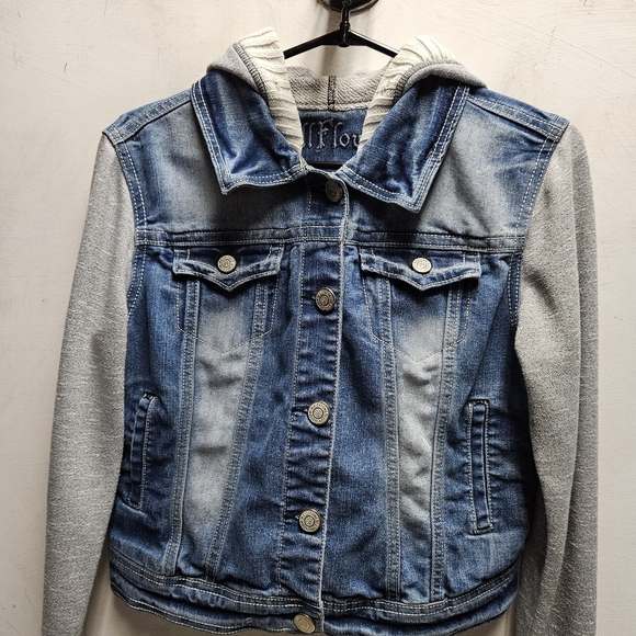 Wallflower jean jacket hoodie cropped length spring summer ~ womens medium - Picture 1 of 8